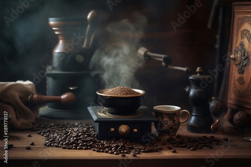coffee grinder with beans on the table