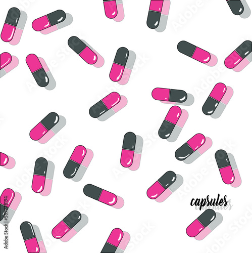 There are many medicines scattered in the image. At the bottom there is an inscription "capsules".