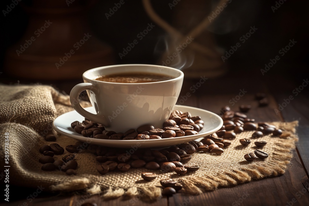 cup of coffee with beans on the table cup of coffee with beans on the table