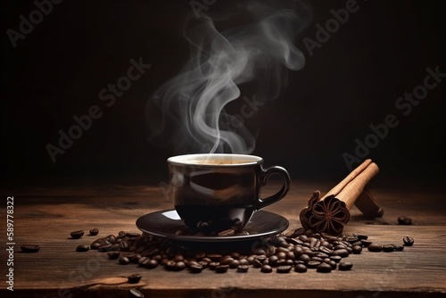 cup of hot coffee with beans on wooden table AI Generative