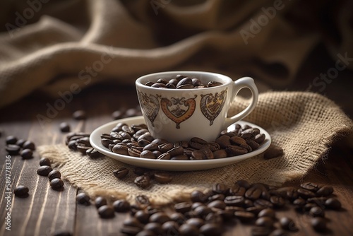 cup of coffee beans on table