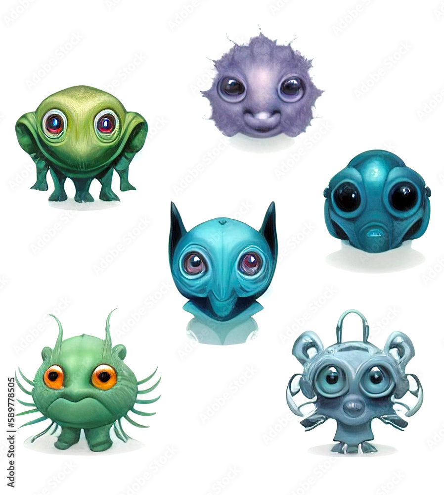 A set of cute monster creature characters isolated on a white background. Generative AI illustration. A set of cute monster creature characters isolated on a white background. Generative AI illustration.