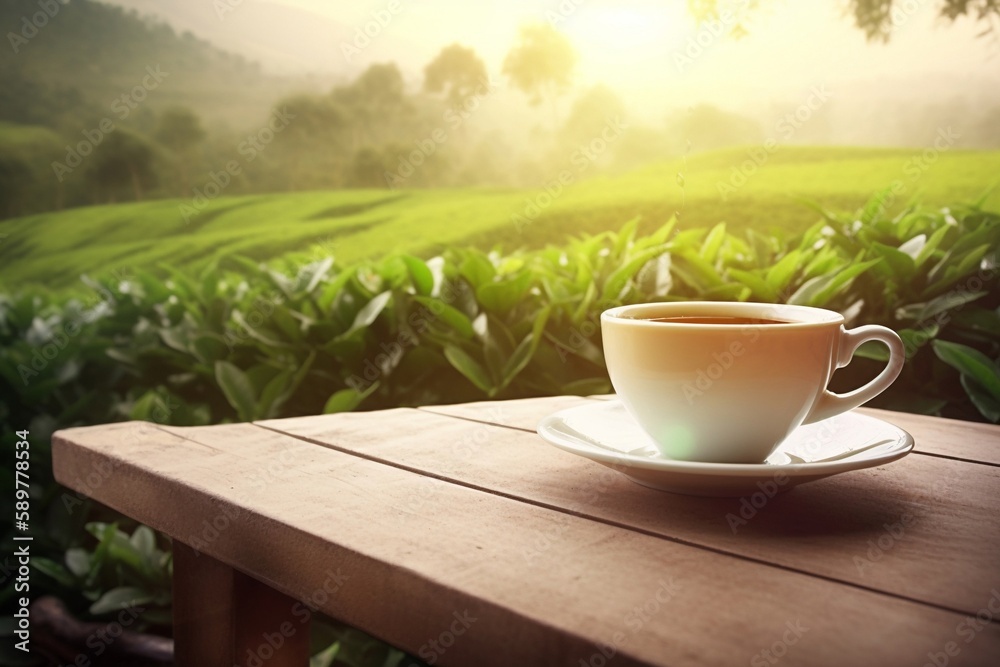 Realistic a cup of tea on tea gardens