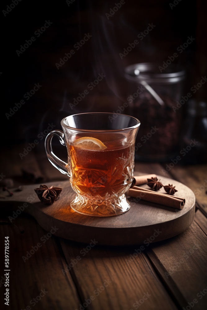 cup of tea with cinnamon on wooden board cup of tea with cinnamon on wooden board