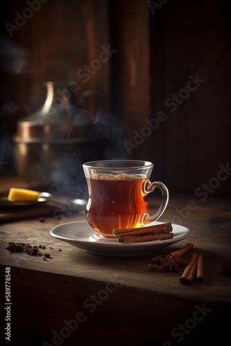 cup of tea with cinnamon on table