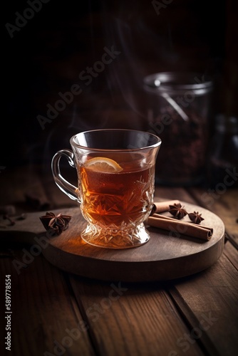 cup of tea with cinnamon on wooden board