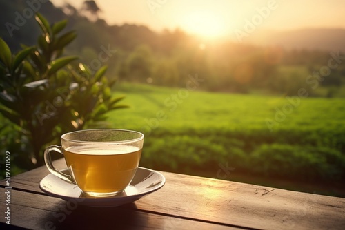 Realistic a cup of tea on tea gardens
