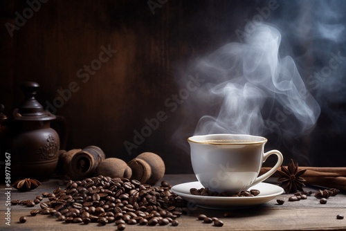 hot cup of coffee with beans on wooden board
