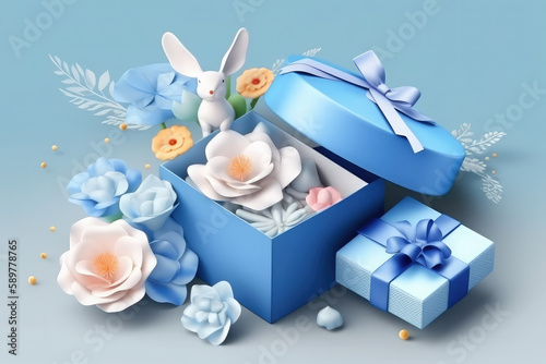 Box with gifts for Easter. Festive Easter card in blue and turquoise tones. Generative AI.