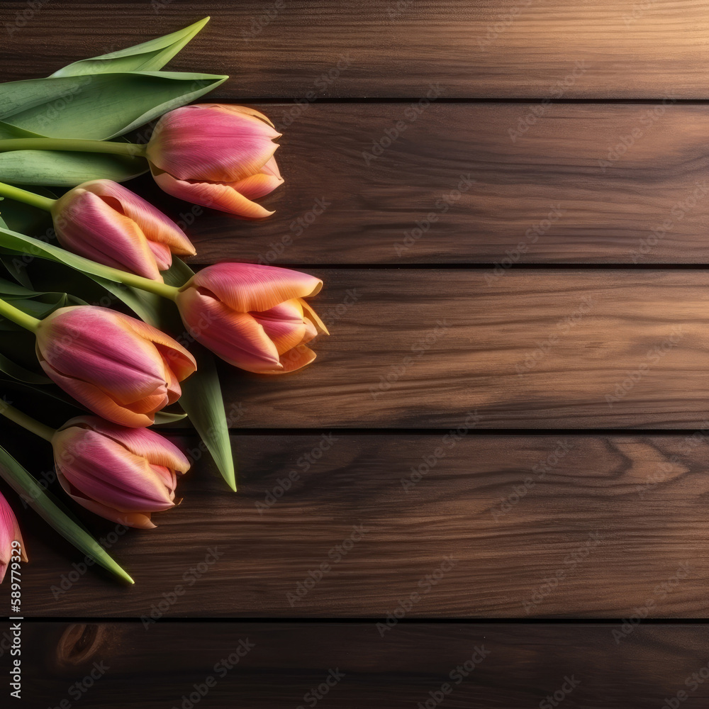 Bouquet of pink tulips on wooden background. Top view with copy space. Generative AI