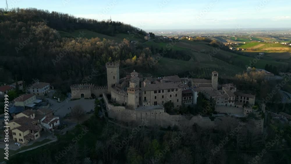 Aerial View Over Vigoleno Castle, Fortress And Village In Emilia Romagna , Italy - drone shot Aerial View Over Vigoleno Castle, Fortress And Village In Emilia Romagna , Italy - drone shot