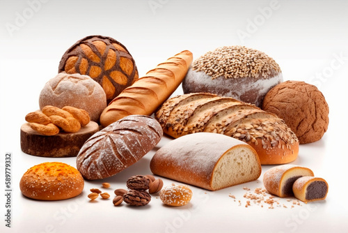 Bakery and bread. Different types of non sweet bakery and bread, such as whole grain bread and ciabatta, are shown alone on a white backdrop. Generative AI.