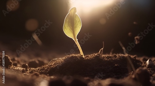 Macro view, a seedling bursts from the ground into the sun