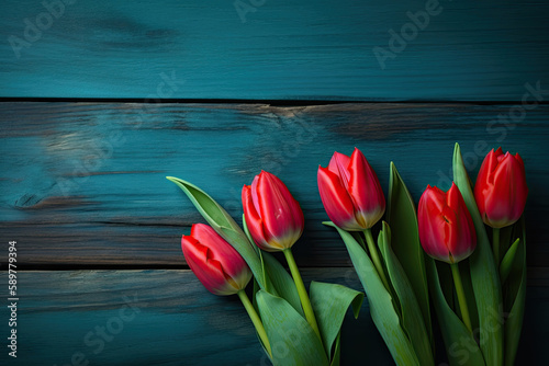 Bouquet of red tulips on a blue wooden background.. Generative AI