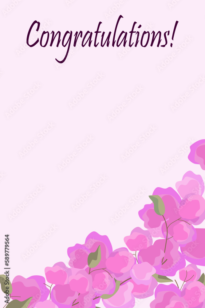 Greeting card with pink Bougainvilea flowers on a pale pink background. Copy space. Floral vector illustration.