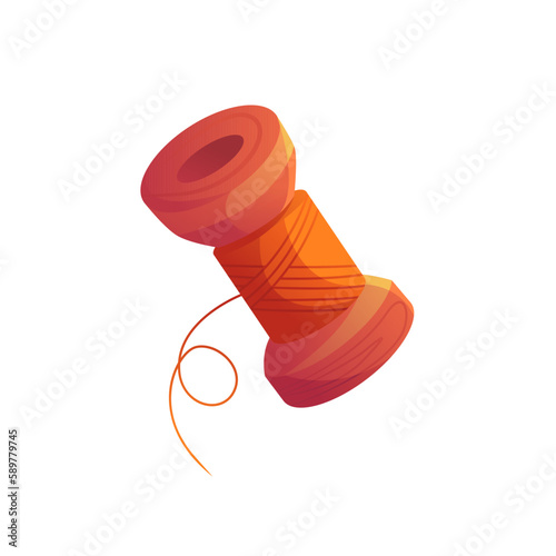 Bobbin Reel with Orange Thread Isolated on a White Background. Icon Tailor Tools. Vector Illustration in Cartoon Style.