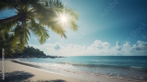 a tropical beach, blue sea, white clouds, sun flare and green palm tree leaves