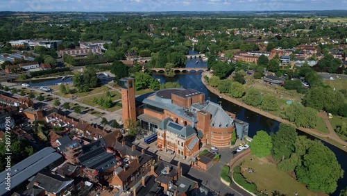 Aerial view orbiting Royal Shakespeare theatre and idyllic river Avon Clopton bridge, Stratford Upon Avon landscape photo