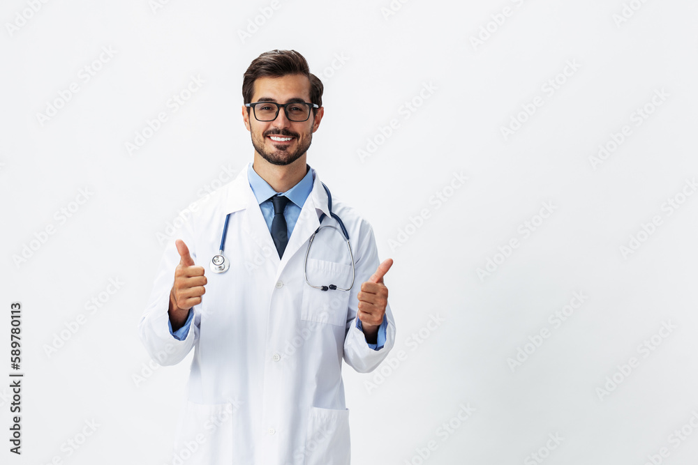 Man portrait doctor in white coat and eyeglasses and stethoscope looking into camera shows hands on background on white isolated background, space for copy, space for text, health Man portrait doctor in white coat and eyeglasses and stethoscope looking into camera shows hands on background on white isolated background, space for copy, space for text, health