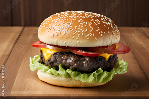 Burger on a wooden table, Generative AI