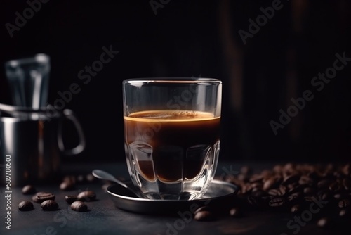 a glass of coffee with coffee bean on table
