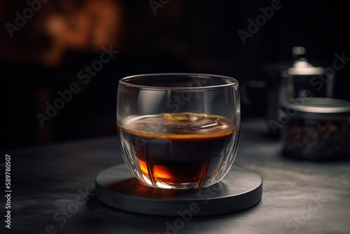 a glass of coffee on wooden board