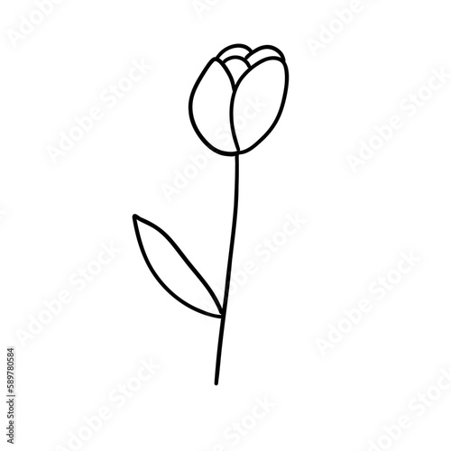 Flower in outline doodle flat style for coloring. Simple floral element plant leaves decorative design. Hand drawn line art. Creative sketch. Vector illustration isolated on white background.