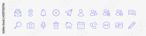 social media icons set out line, line art style icons, add, share, phone call, setting, notification, zoom, location, messages, remove, edit, photos