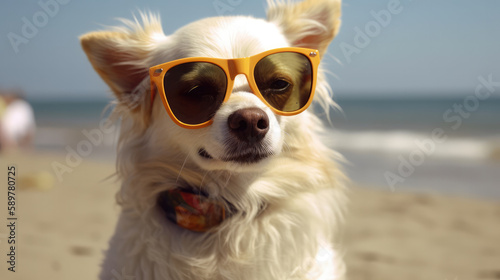 White deag wearing a yellow sunglass. It is sitting at the beach in front of the water of the ocean. Generative AI. © Markus
