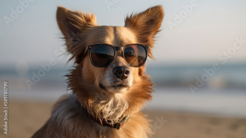 Single dog wearing a black big sunglass and is sitting at the beach in front of the ocean. Generative AI. © Markus