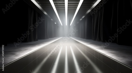 An empty fashion runway with spotlights shining down on the center of the catwalk. Generative AI