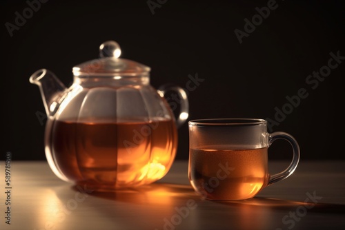 teapot and cup of tea on wooden board
