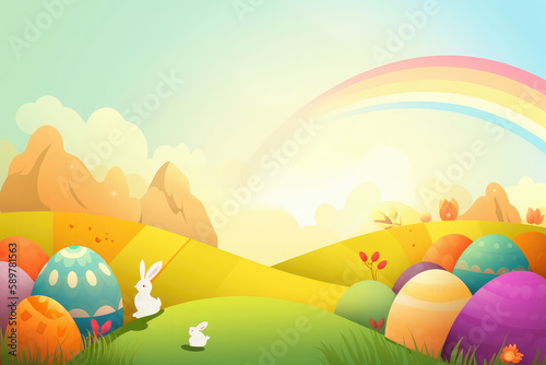 Bunny in the meadow on Easter Eve. Rainbow. Background. Poster. Postcard. 