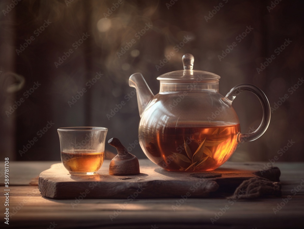 teapot and cup of tea on wooden table teapot and cup of tea on wooden table