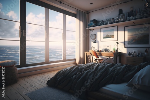 hotel room with bed created using AI Generative Technology