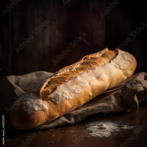 AI-generated illustration of a freshly baked, crusty baguette with a golden brown exterior