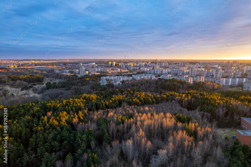 Aerial beautiful spring sunset view of Vilnius, Lithuania