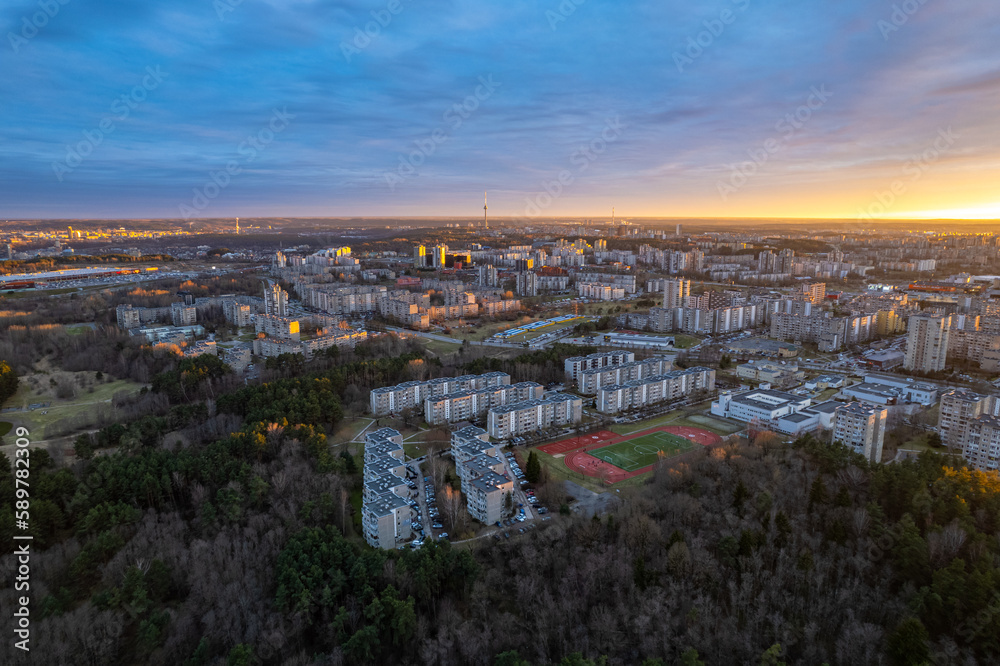 Aerial beautiful spring sunset view of Vilnius, Lithuania