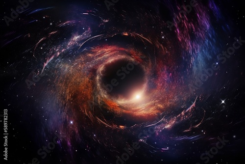 Cosmic phenomenon of a black hole, with its immense gravitational pull warping space-time and creating a kaleidoscopic effect on the background stars and nebulae. Created using generative AI.