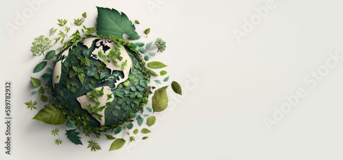 Fototapeta Naklejka Na Ścianę i Meble -  Leaves in forming an eco friendly earth shape, World environment day and Earth day. Generative AI