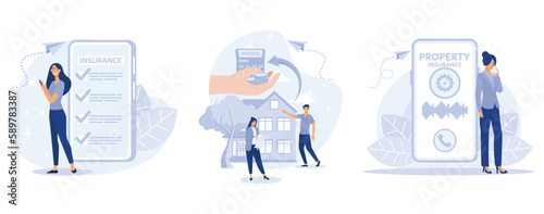 Insurance services concept, Buy travel insurance online, professional evaluator does real estate assessment, claiming property insurance coverage, set flat vector modern illustration photo