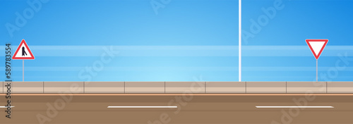Highway asphalt road and road sign on the road with blue sky flat illustration.	
