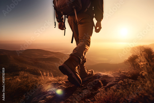 Man hiking up mountain trail during sunset. Unique generative illustration with a breathtaking view © Dinusha