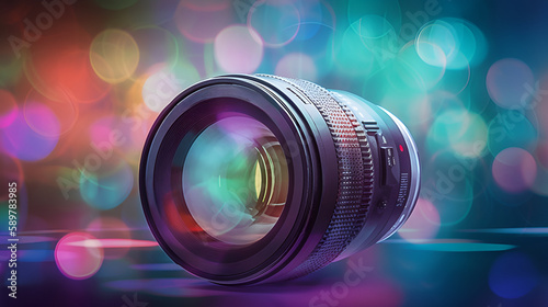Camera lens icon on blurred bokeh background. Unique generative illustration with creative design and modern touch.