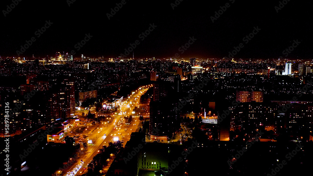 Moscow, Russia. Night aerial view of the city, Profsoyuznaya Street towards the center of Moscow, Aerial View