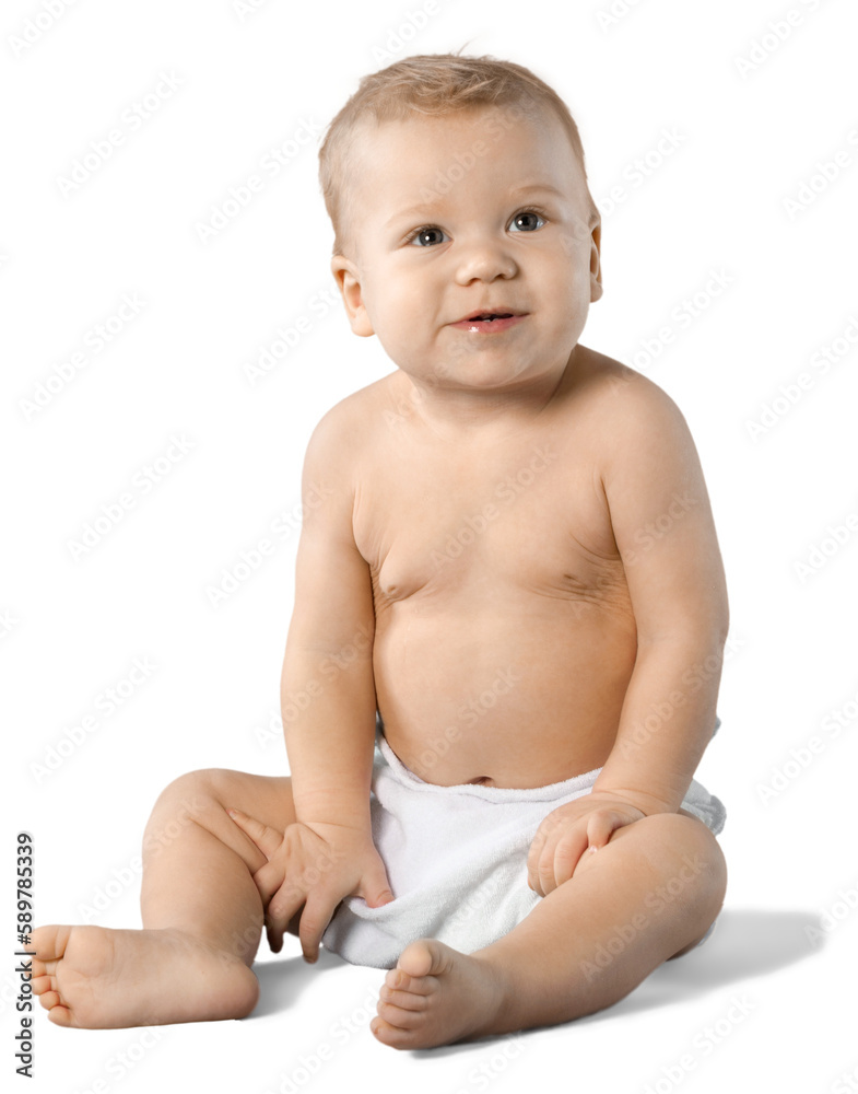 Cute Toddler in Diaper Sitting on The Floor - Isolated Cute Toddler in Diaper Sitting on The Floor - Isolated