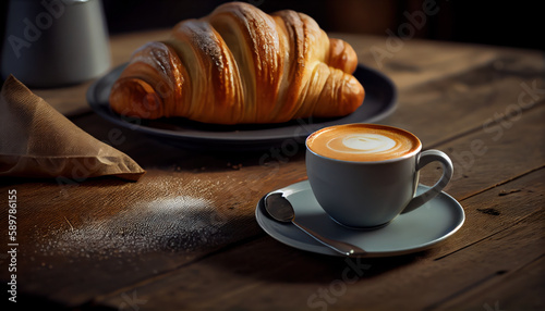 Croissant with coffee cup on dark background. Al generated