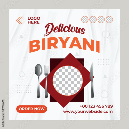 Delicious Biryani- social media post template. Suitable for social media posts and web or internet ads. Vector illustration with Photo College.