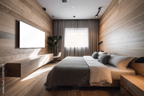 Tv Frame With An Empty Space For A Photo Or Picture. Modern Bedroom With Tv Mounted On Wooden Wall With Soft Headboard. Isolated Transparent  Png. Generative AI