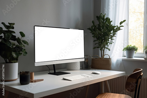 Computer Monitor With Blank Space For A Photo Or Picture. Modern White Monitor With Minimalist Setup And Plant On The Desk. Isolated Transparent, Png. Generative AI © Anastasiia